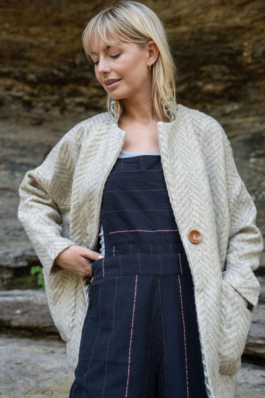 Portuguese Wool Pieper Coat in Cream Herringbone Made to Order