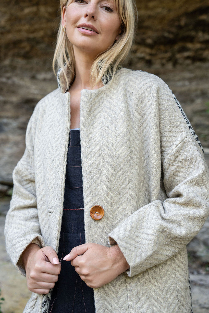Portuguese Wool Pieper Coat in Neutral Mix-Match Herringbone Made to Order