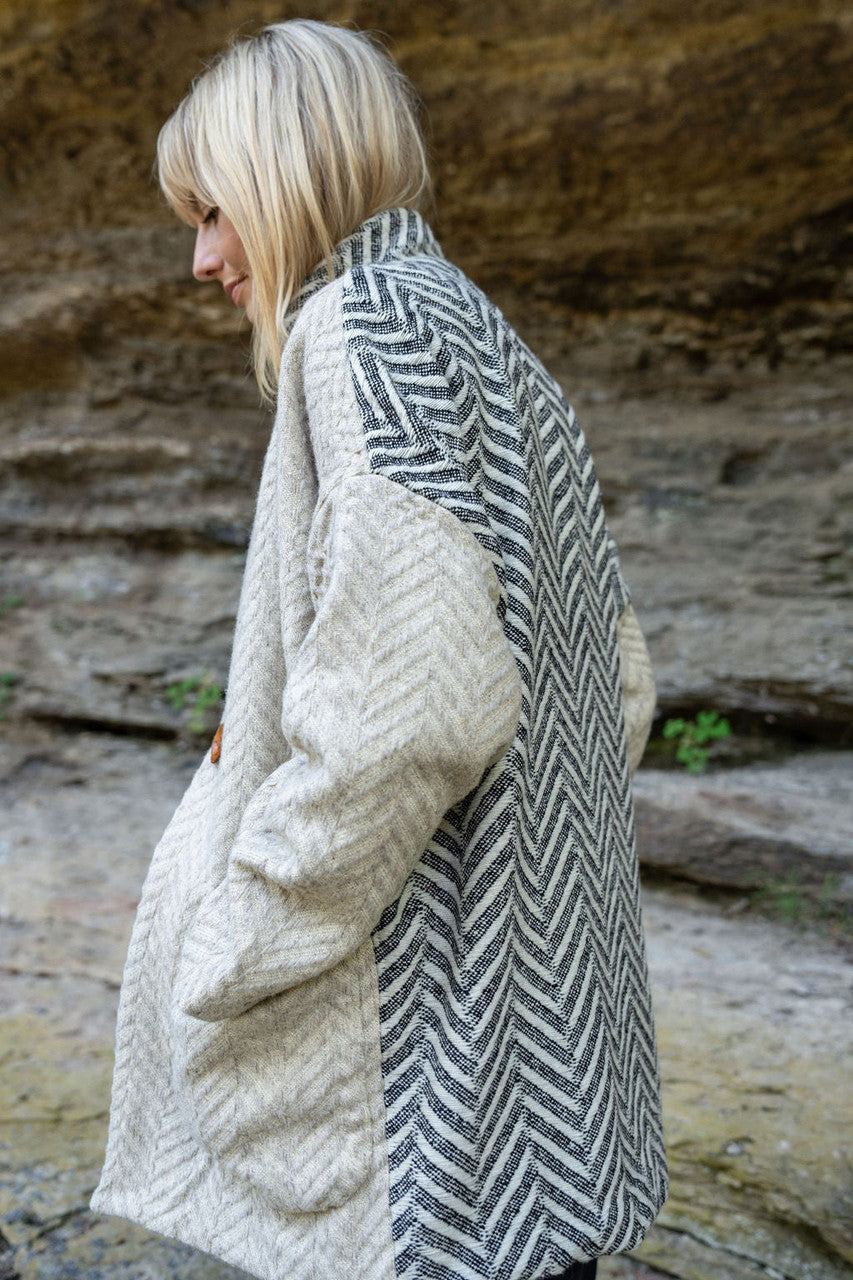 Portuguese Wool Pieper Coat in Neutral Mix-Match Herringbone Made to Order