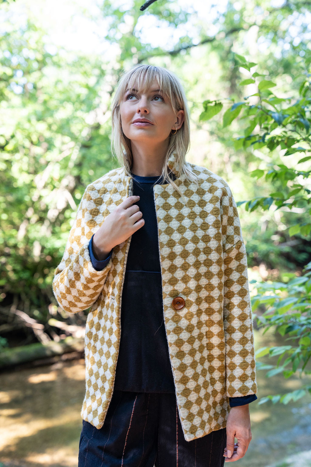 Portuguese Wool Pieper Coat in Mustard and Cream Check Made to Order