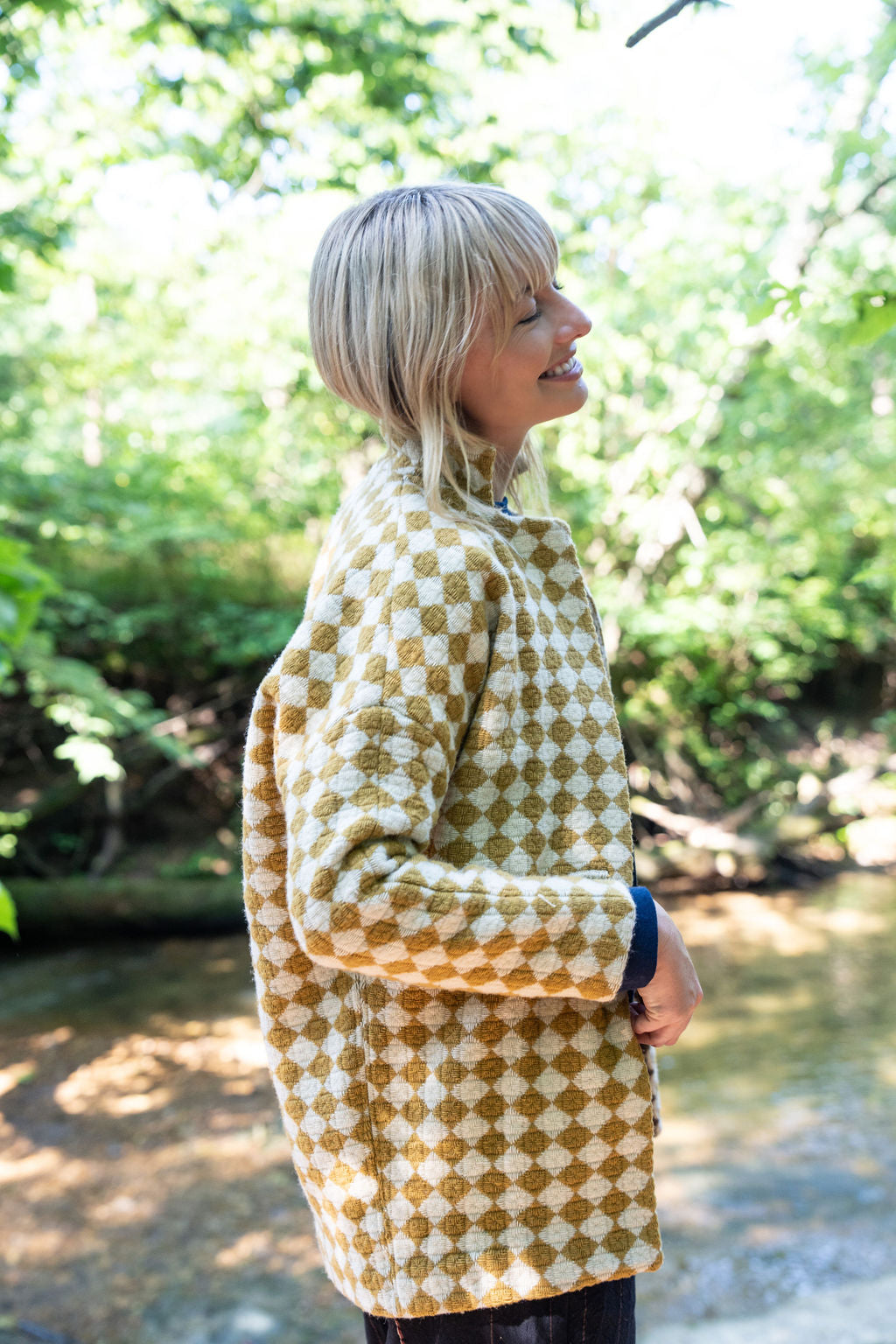 Portuguese Wool Pieper Coat in Mustard and Cream Check Made to Order