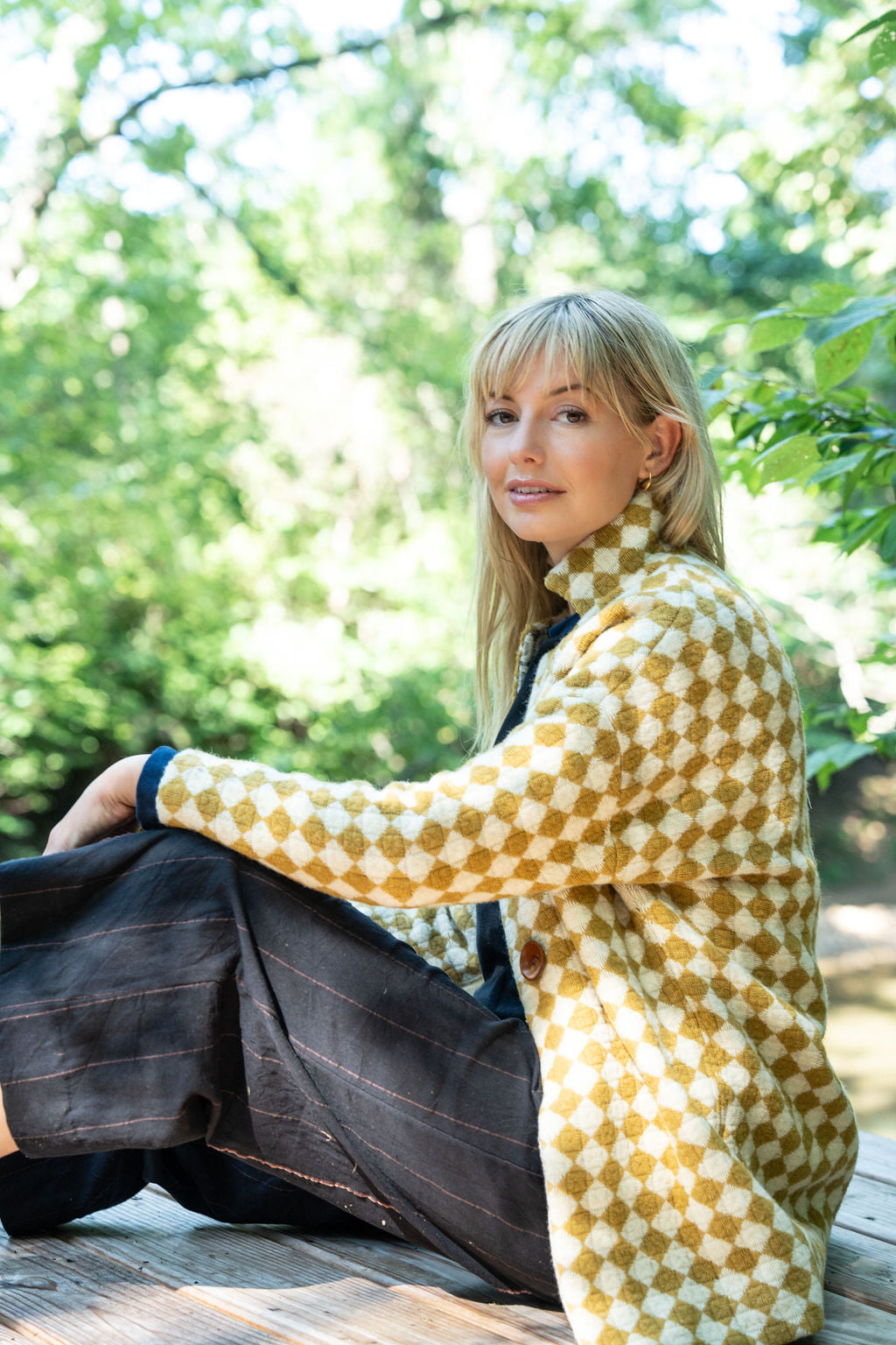 Portuguese Wool Pieper Coat in Mustard and Cream Check Made to Order