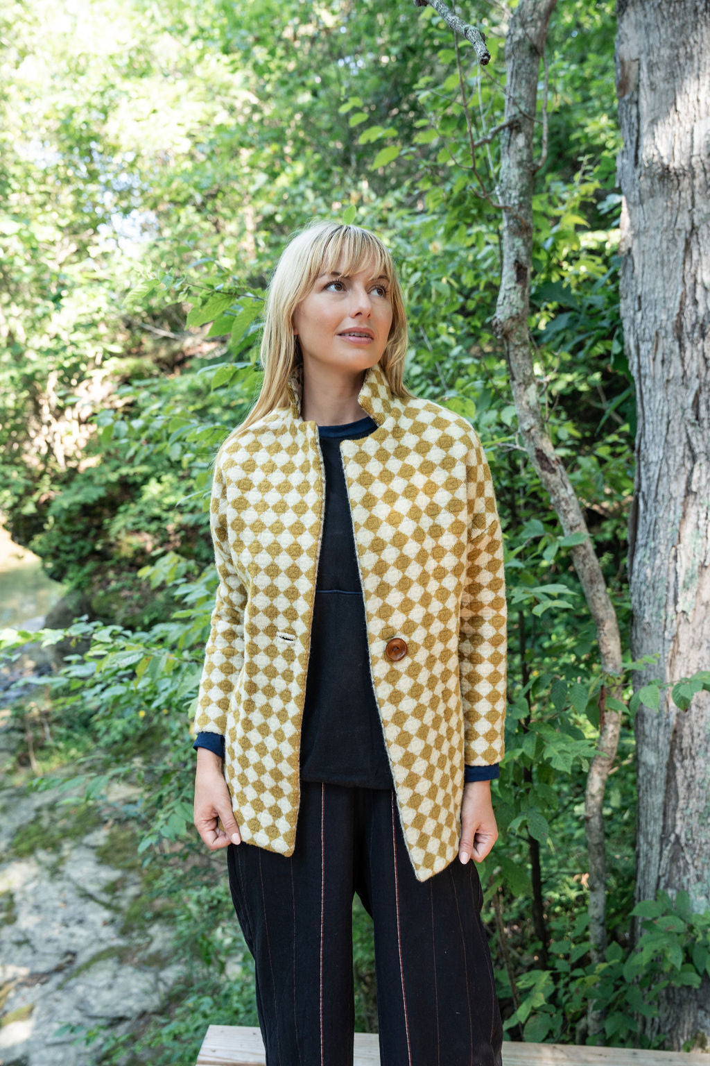 Portuguese Wool Pieper Coat in Mustard and Cream Check Made to Order