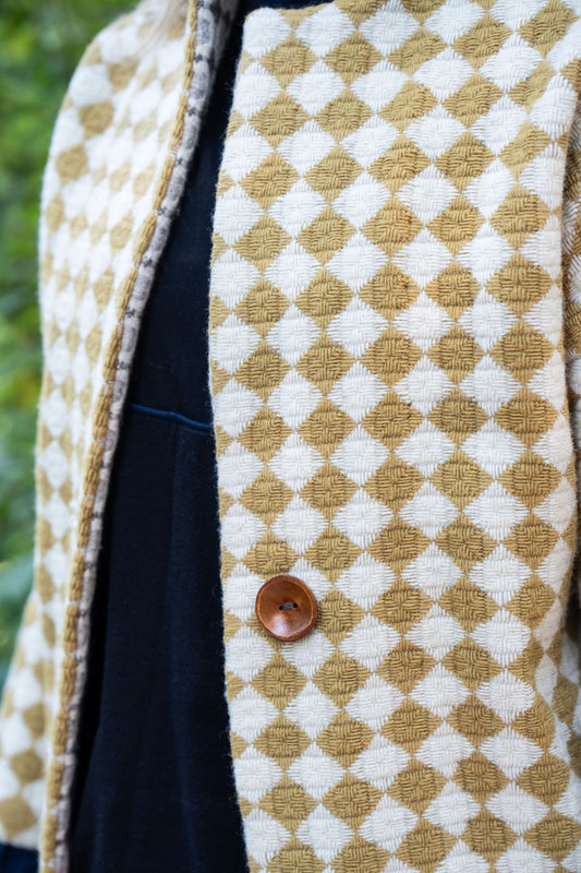 Portuguese Wool Pieper Coat in Mustard and Cream Check Made to Order February
