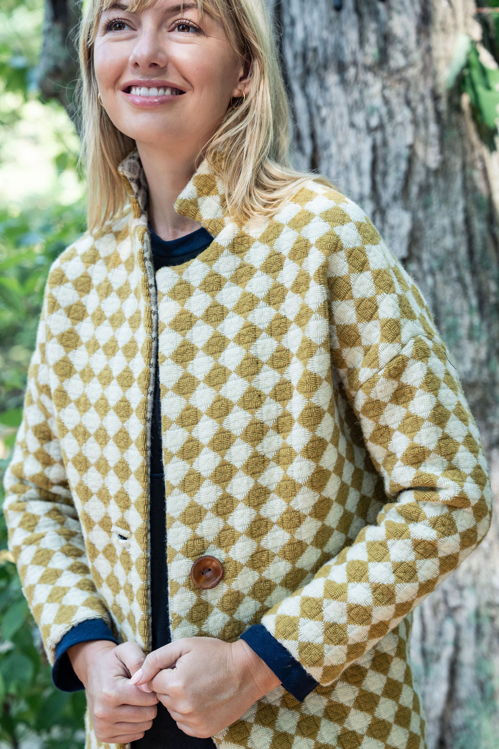 Portuguese Wool Pieper Coat in Mustard and Cream Check Made to Order