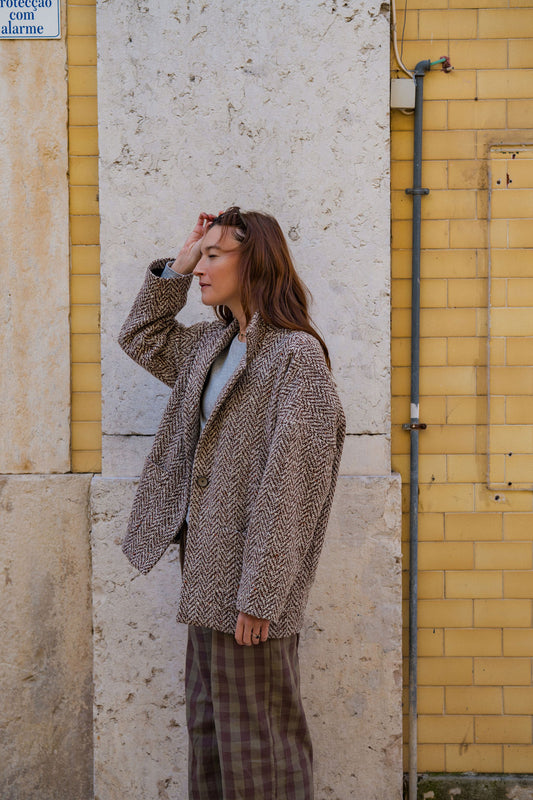 Portuguese Wool Pieper Coat in Heathered Brown and Cream Herringbone Made to Order