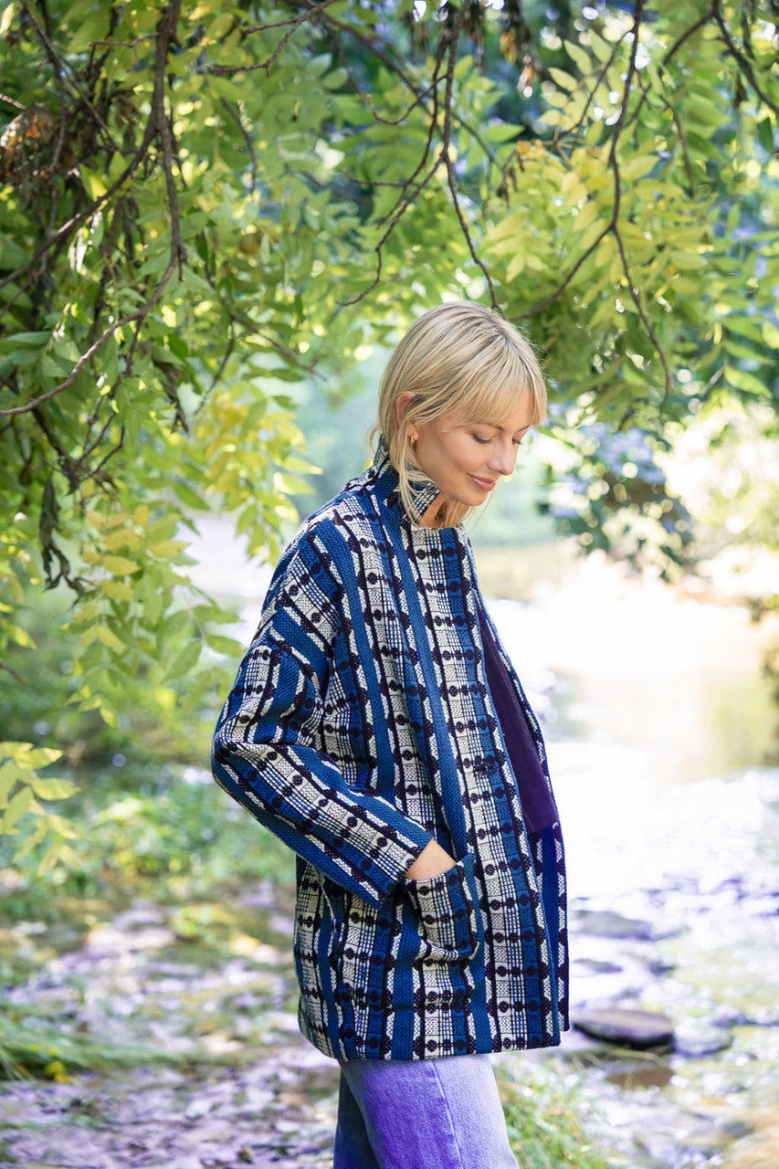 Portuguese Wool Pieper Coat in Teal and Black Vintage Print Made to Order
