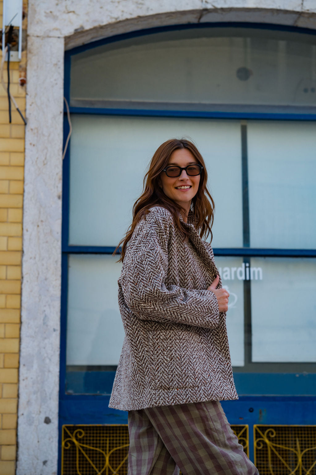 Portuguese Wool Pieper Coat in Heathered Brown and Cream Herringbone Made to Order