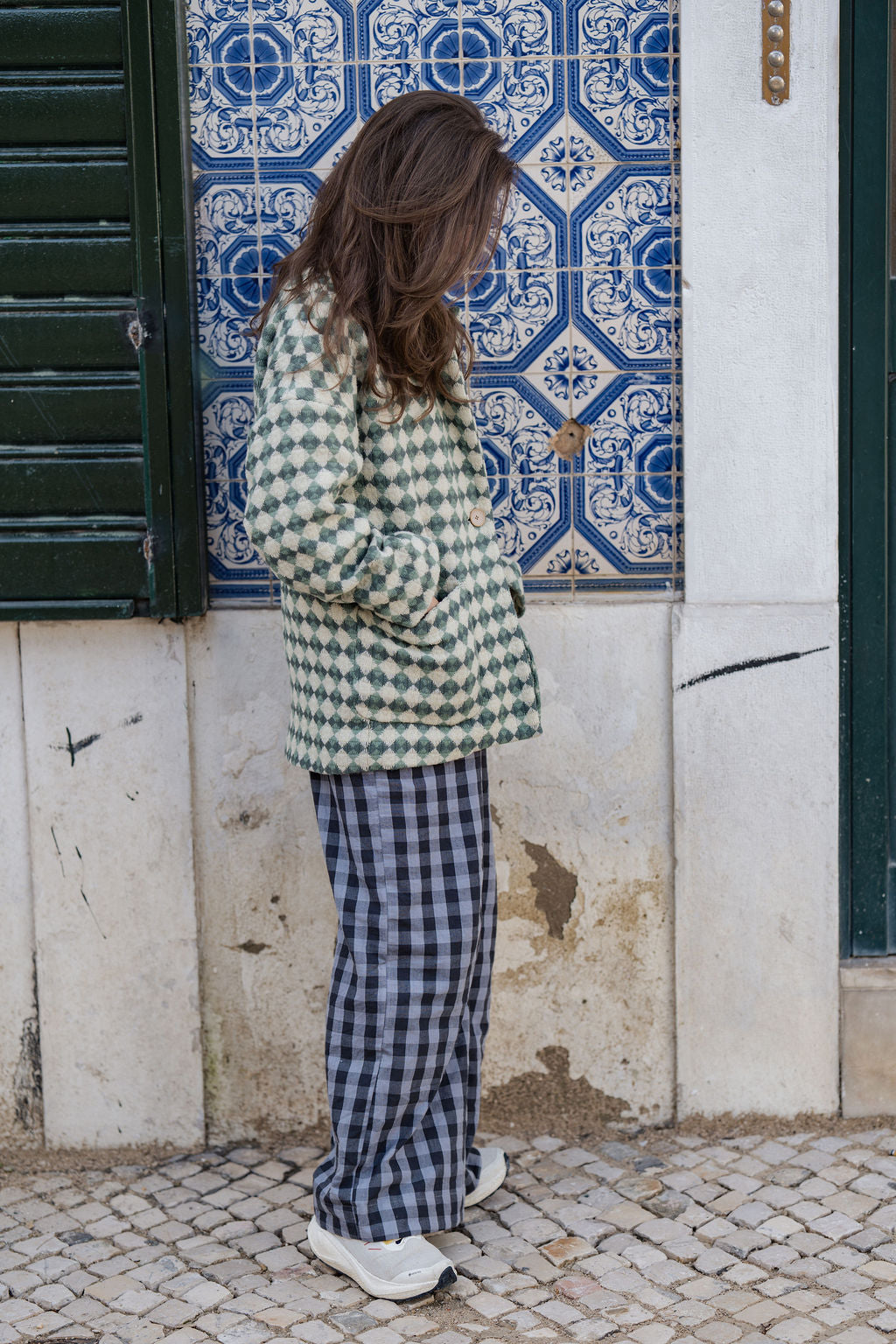 Portuguese Wool Pieper Coat in Sage/Slate and Cream Check Made to Order
