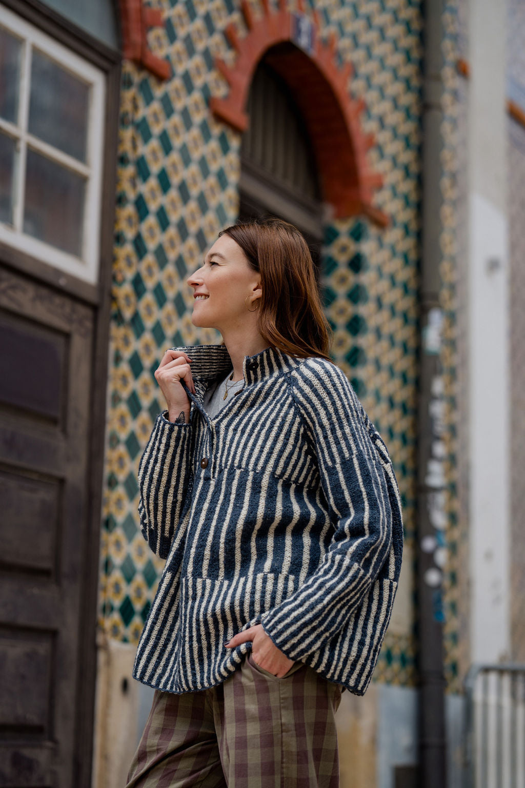 Tiff Oversized Wool Henley in Slate and Cream Made to Order