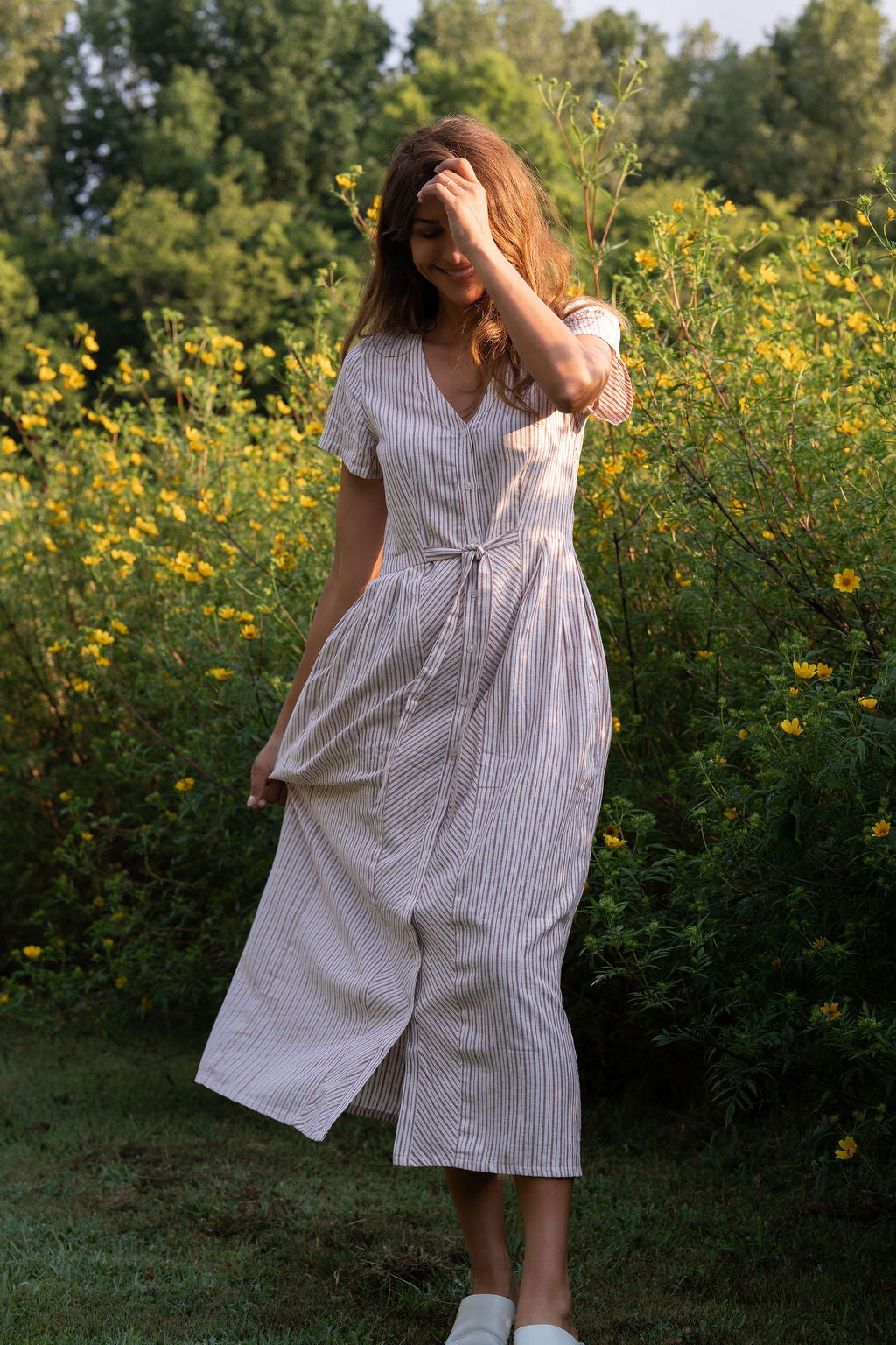 June Dress in Red and White Striped Linen