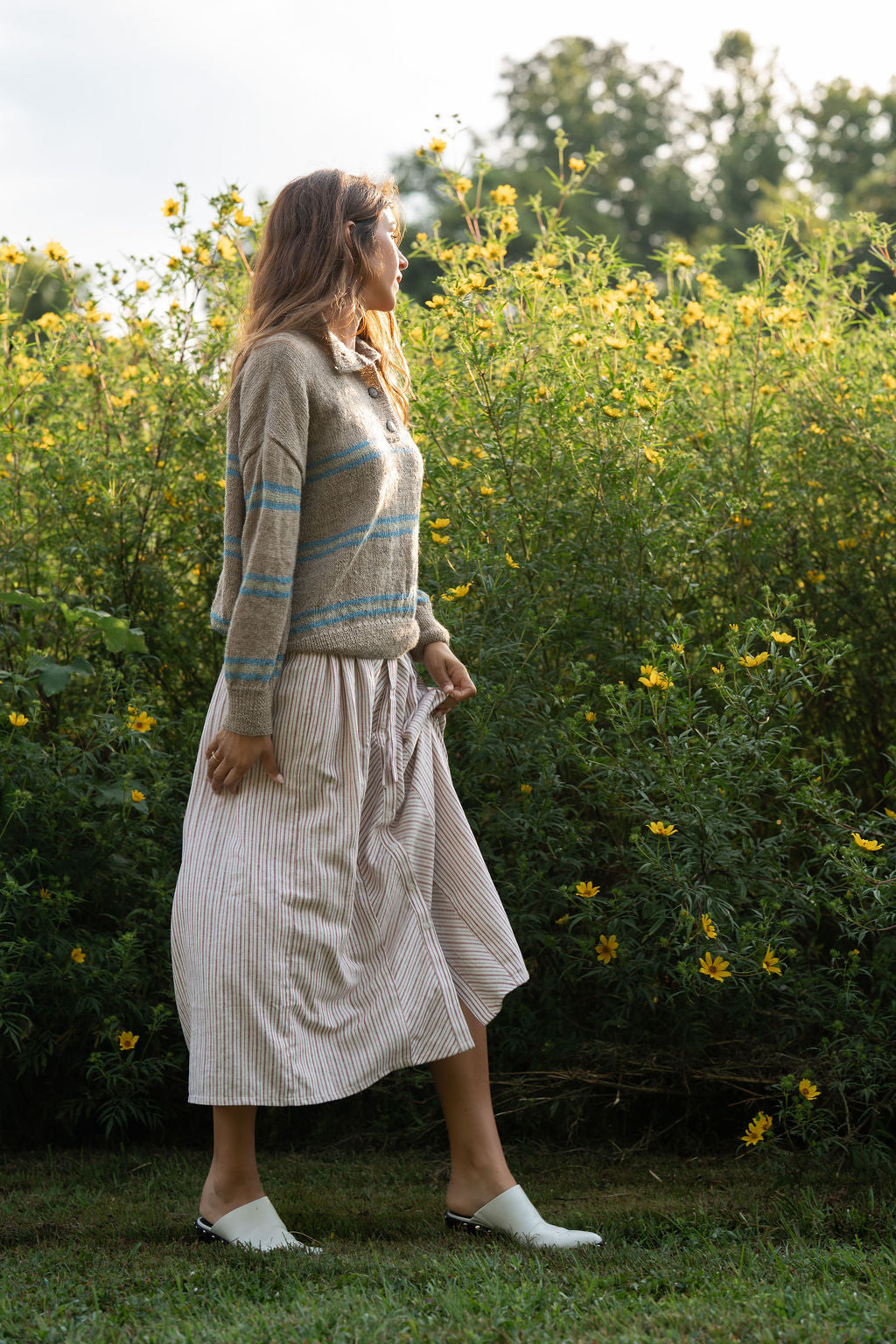 Imogene Oversized Wool Henley in Beige and Blue Made to Order