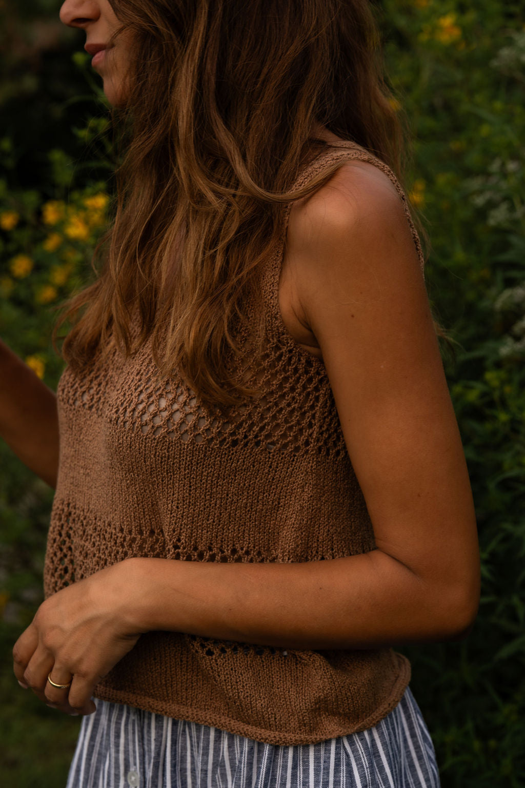 Lindy Hand Knit Cotton Lace Tank in Mauve Brown