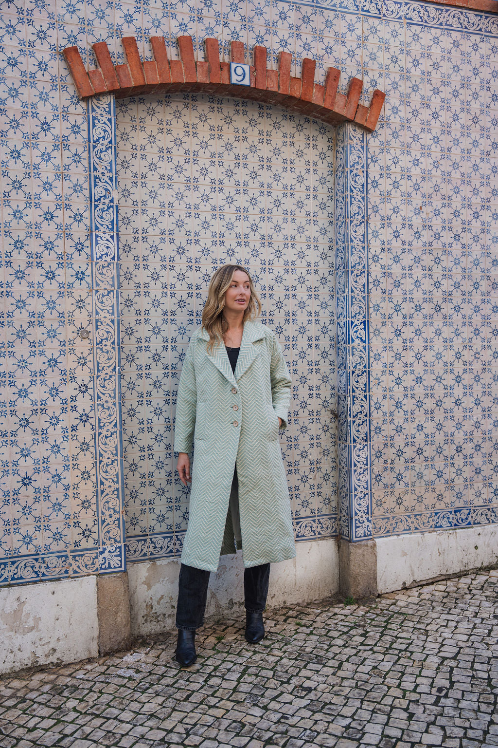 Portuguese Wool Polly Coat in Mint Herringbone Made to Order