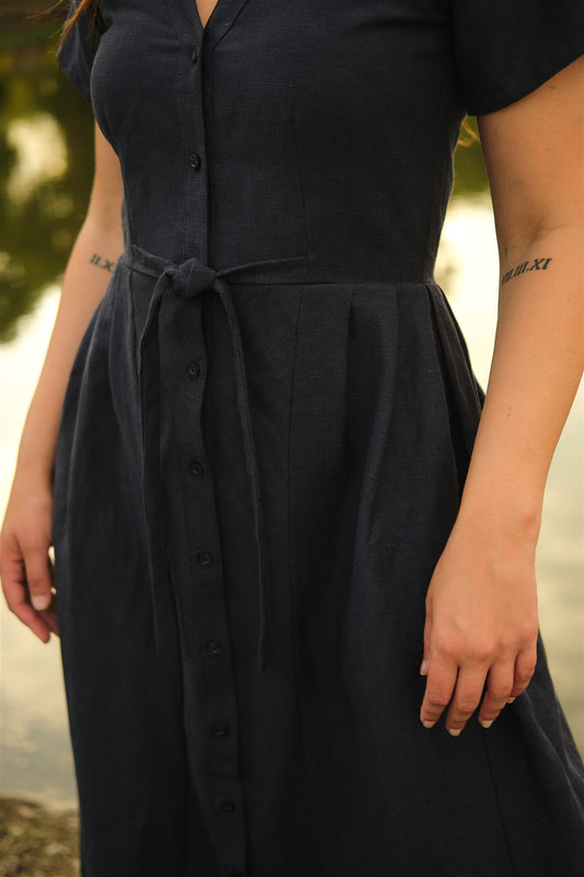 June Dress in Navy Linen Made to Order