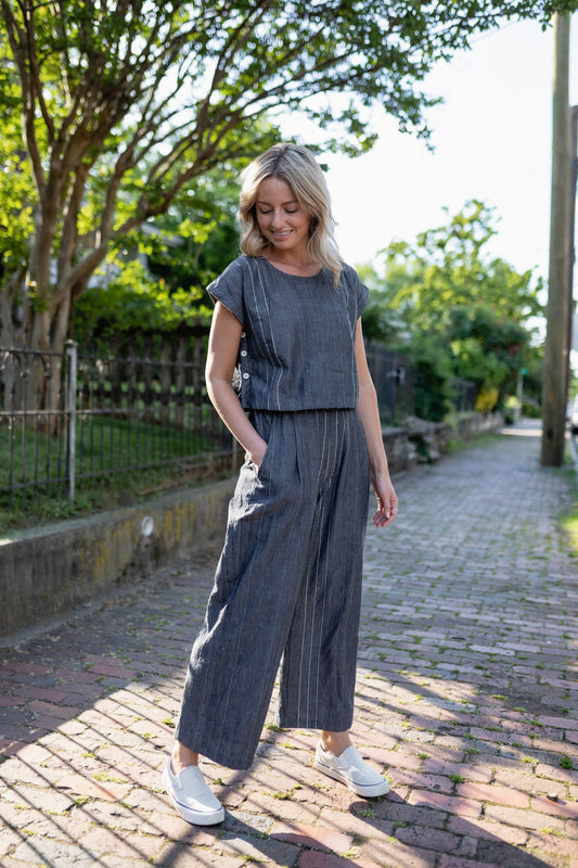 Handwoven Cotton Crop Pants in Midnight Chambray