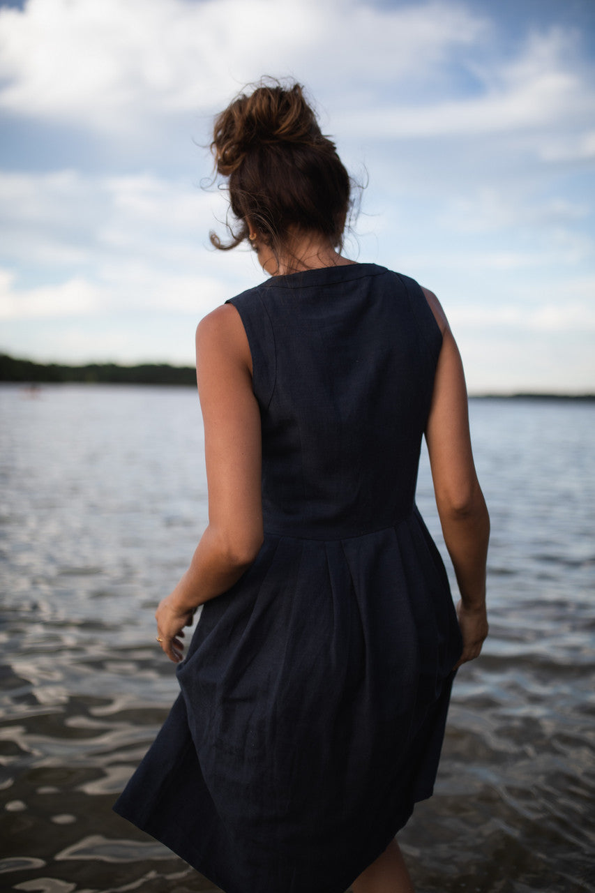 June Dress Sleeveless in Navy Linen - M, L and XL Left
