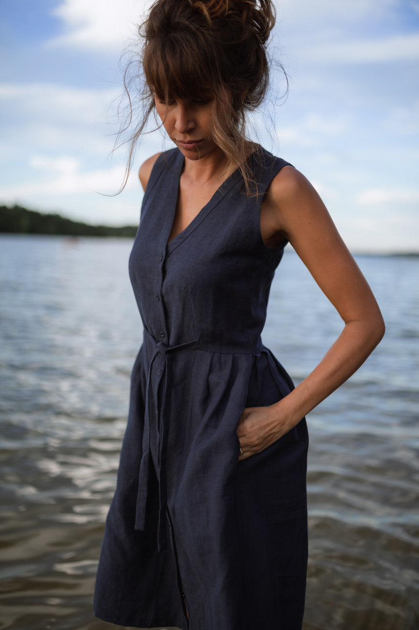 June Dress Sleeveless in Navy Linen - M, L and XL Left