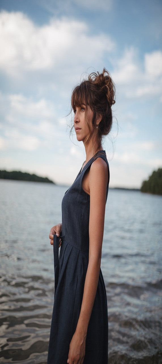 June Dress Sleeveless in Navy Linen - M, L and XL Left