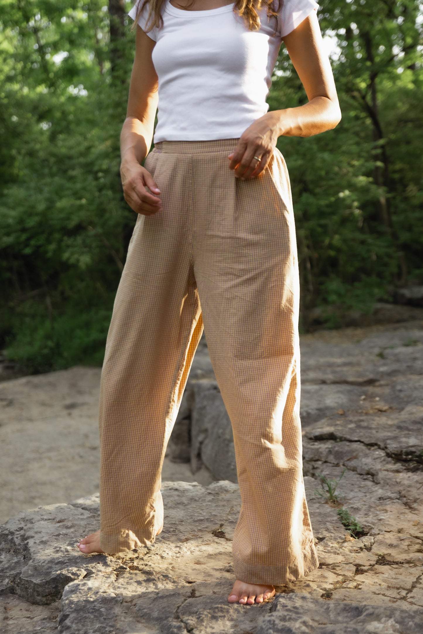 Katie Handwoven Cotton Pants Yellow Gingham Made to Order