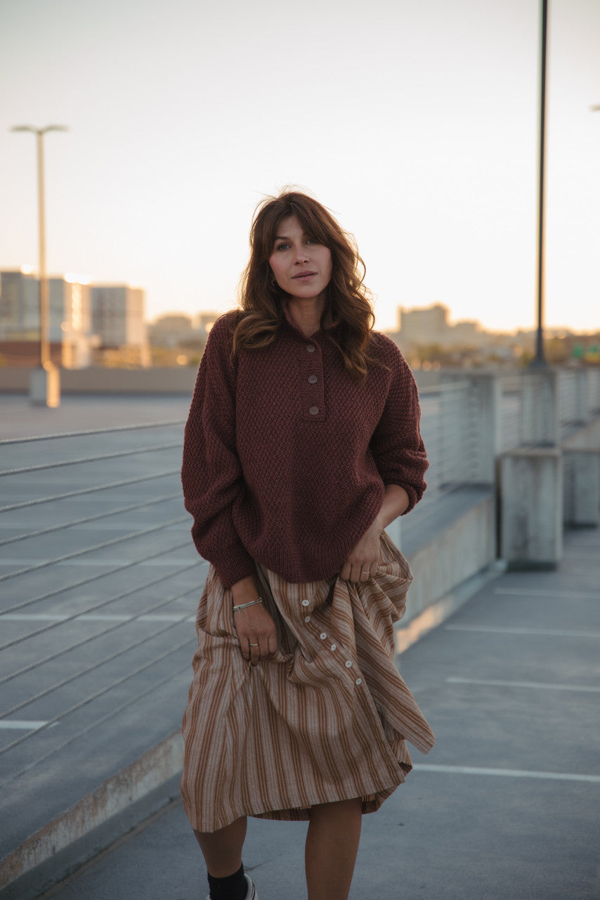 Imogene Oversized Wool Henley in Rust Made to Order