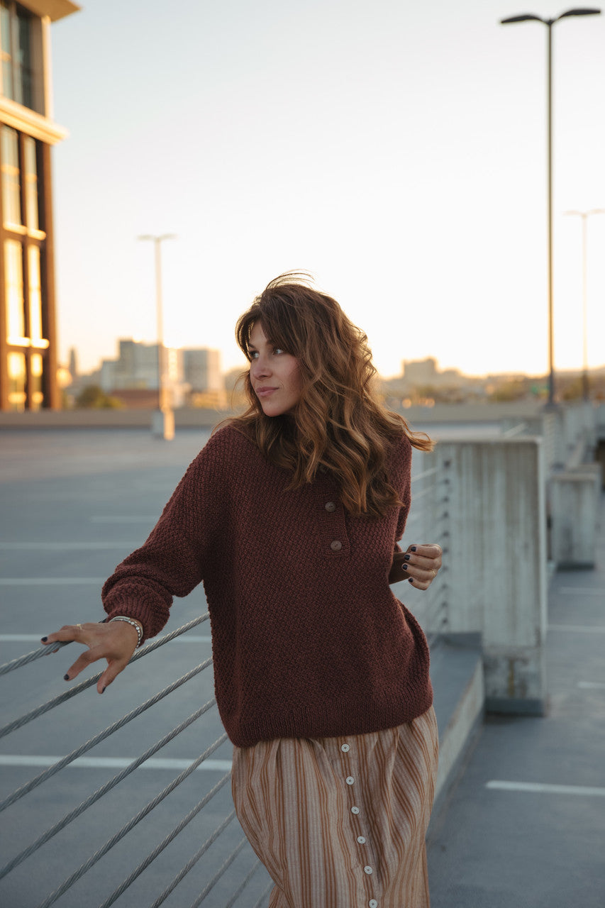 Imogene Oversized Wool Henley in Rust Made to Order