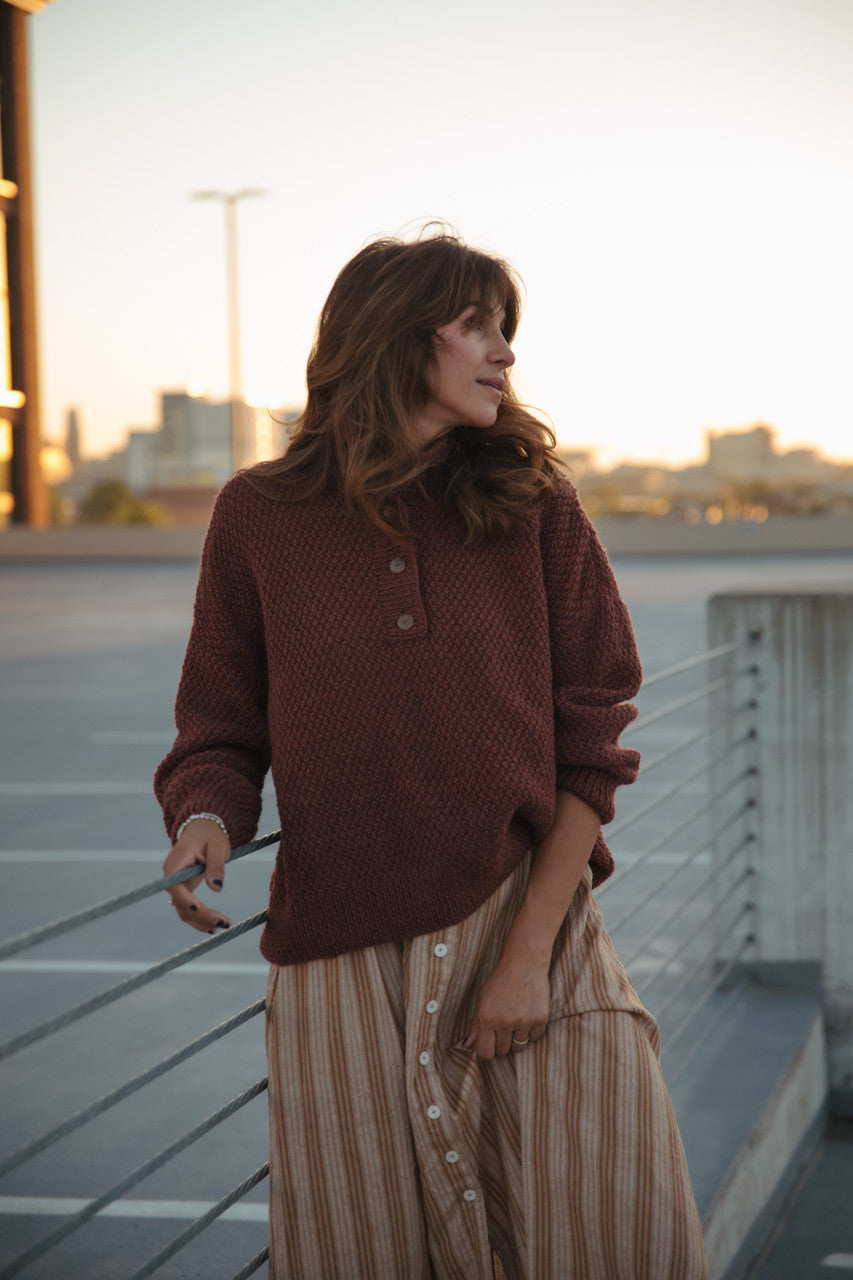 Imogene Oversized Wool Henley in Rust Made to Order