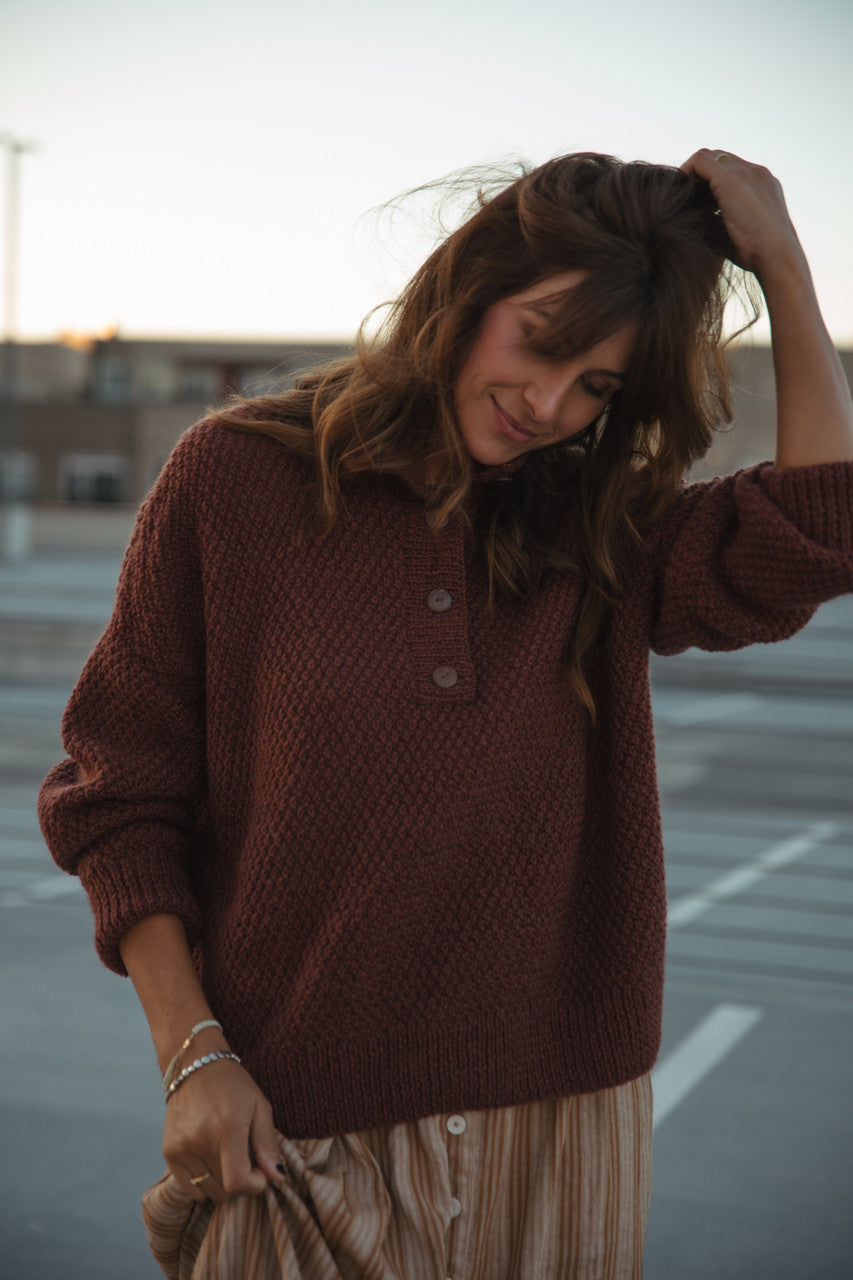 Imogene Oversized Wool Henley in Rust Made to Order