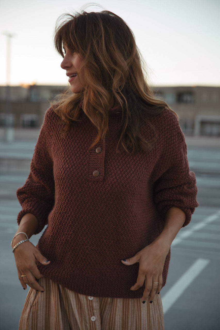 Imogene Oversized Wool Henley in Rust Made to Order
