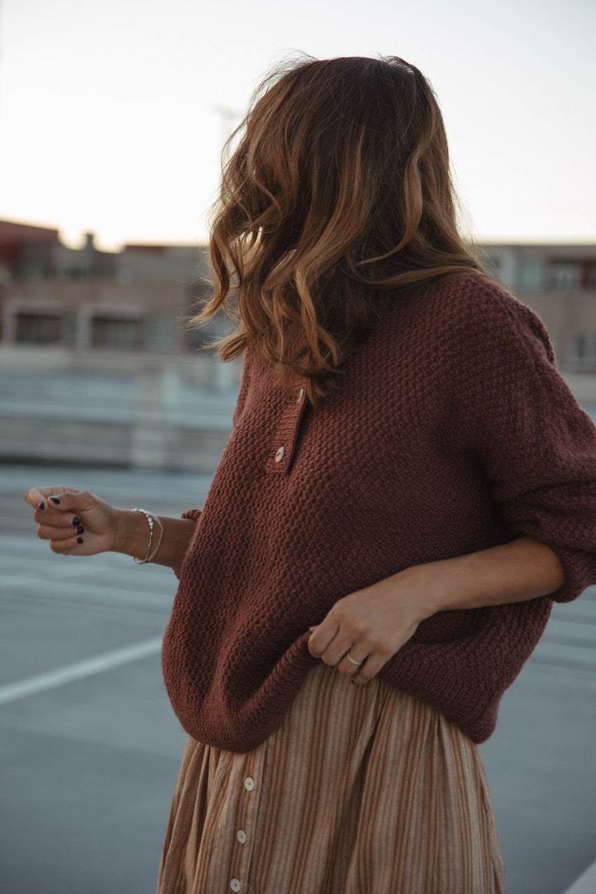Imogene Oversized Wool Henley in Rust Made to Order