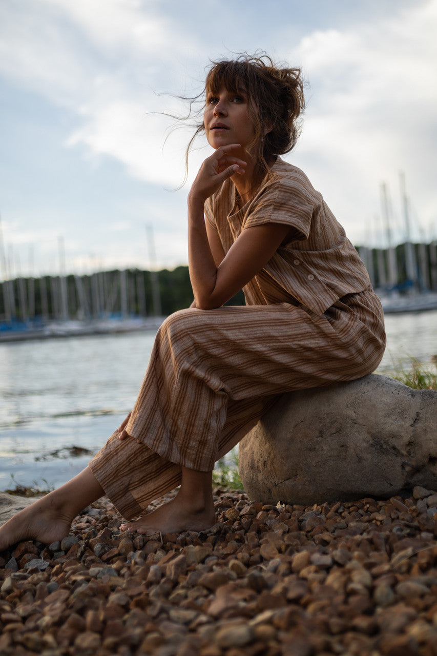 Katie Handwoven Cotton Set in Mustard and Cream Stripe - XL Pants