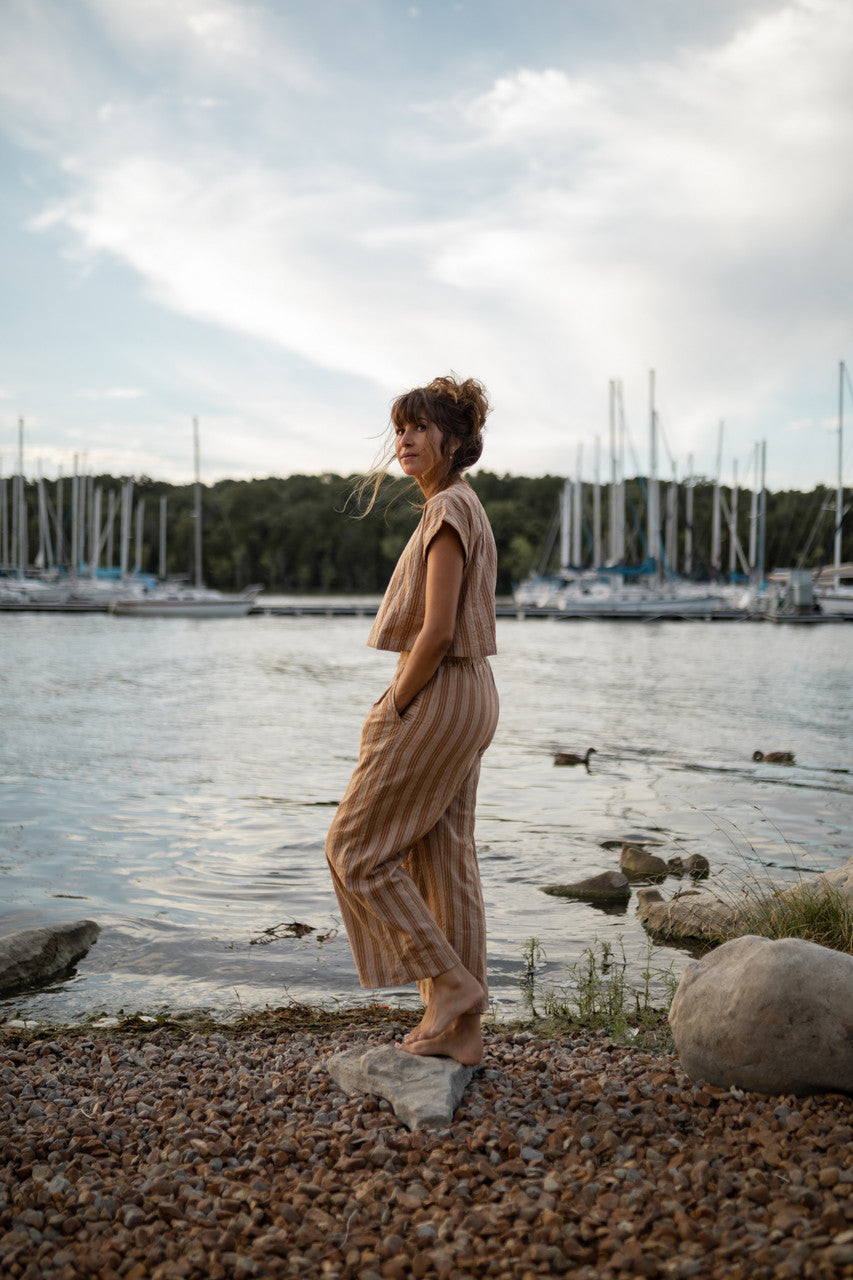 Katie Handwoven Cotton Set in Mustard and Cream Stripe - XL Pants