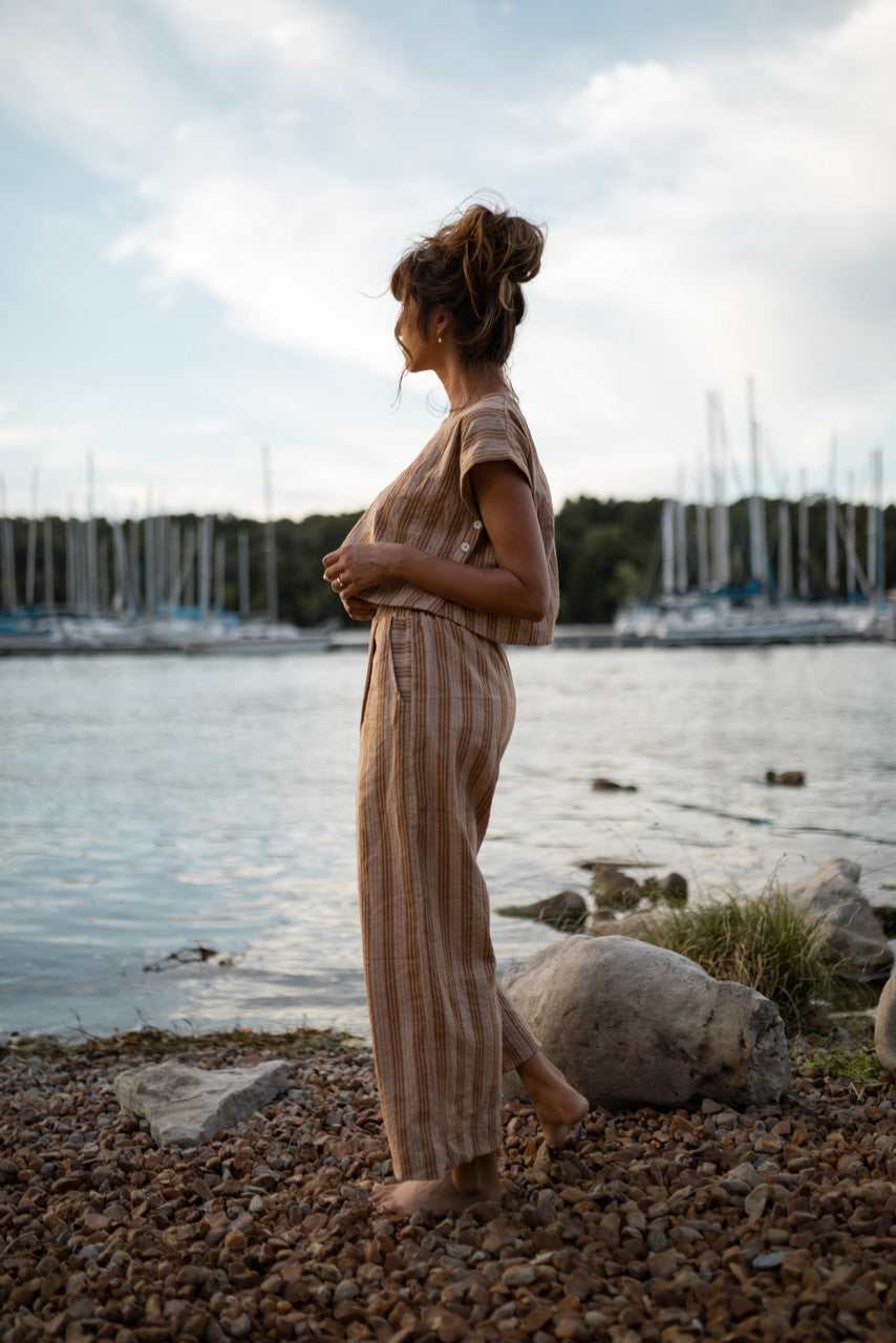 Katie Handwoven Cotton Set in Mustard and Cream Stripe - XL Pants