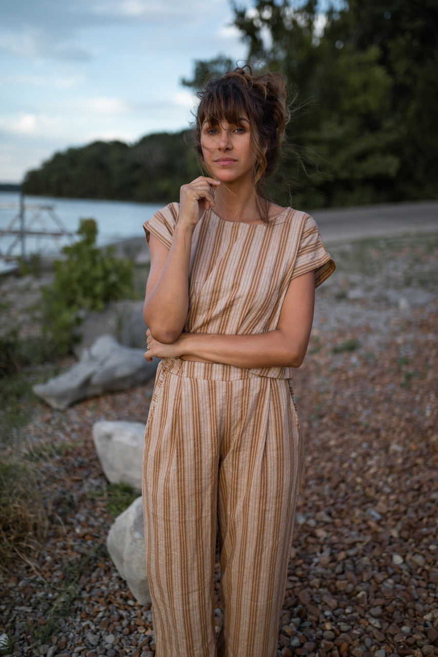 Katie Handwoven Cotton Set in Mustard and Cream Stripe - XL Pants