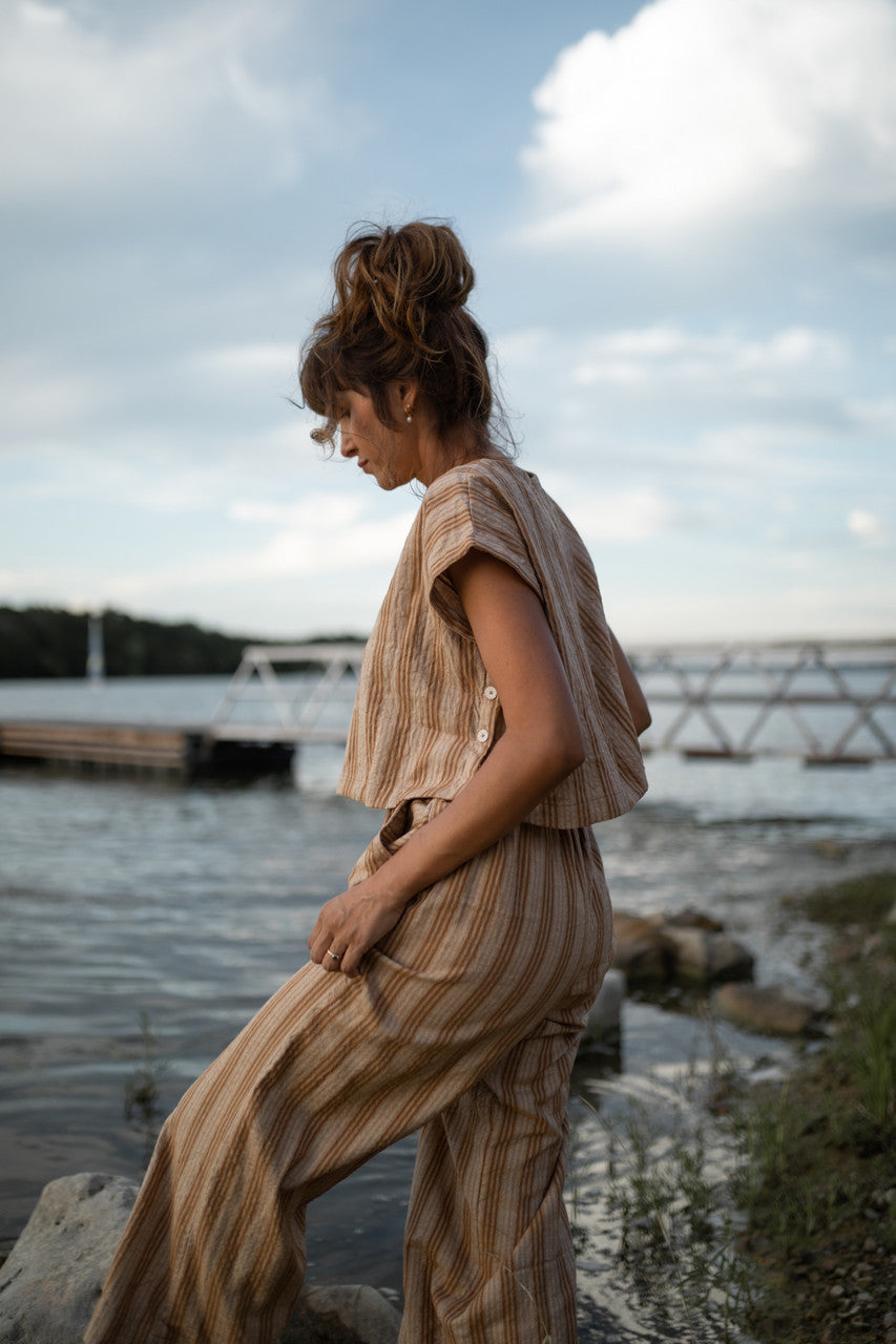 Katie Handwoven Cotton Set in Mustard and Cream Stripe - XL Pants