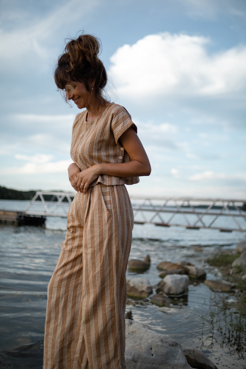 Katie Handwoven Cotton Set in Mustard and Cream Stripe - XL Pants