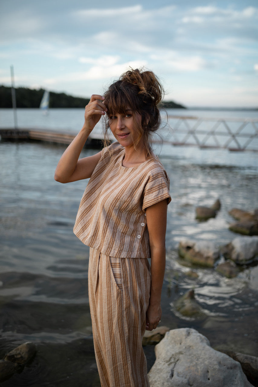 Katie Handwoven Cotton Set in Mustard and Cream Stripe - XL Pants