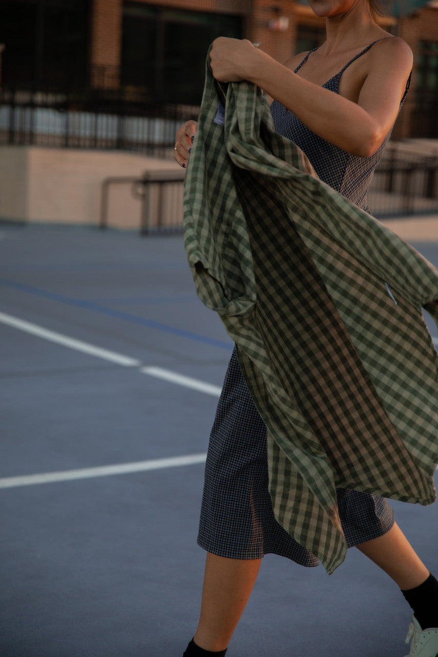Paige Handwoven Cotton Relaxed Shirt Dress in Green Gingham