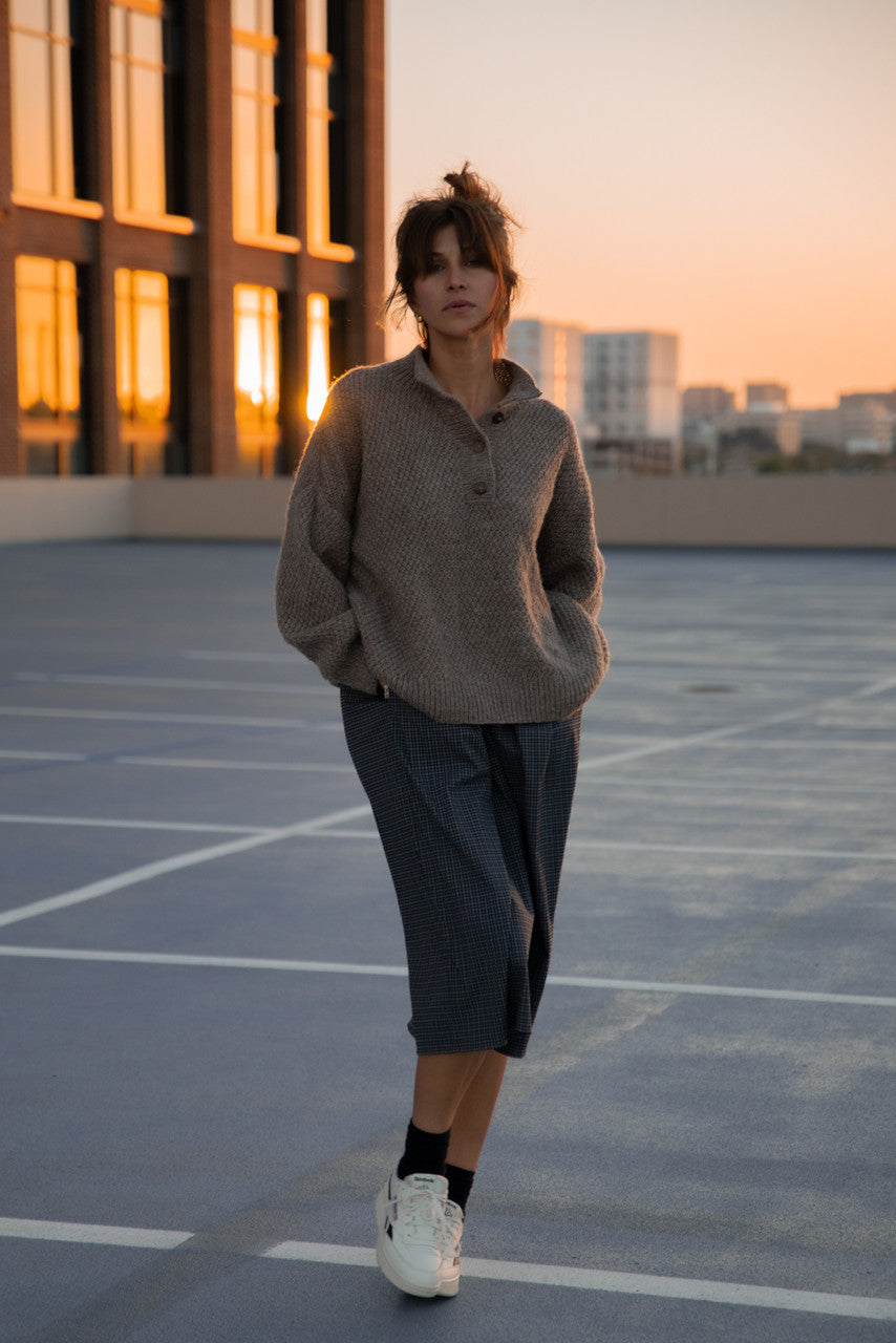 Imogene Oversized Wool Henley in Heather Beige Made to Order
