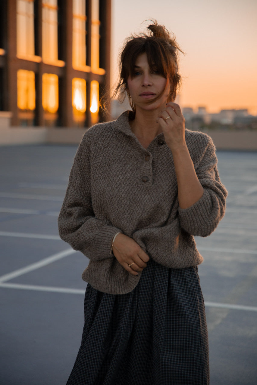 Imogene Oversized Wool Henley in Heather Beige Made to Order