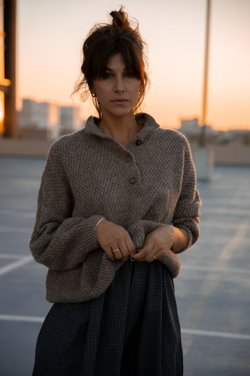 Imogene Oversized Wool Henley in Heather Beige Made to Order