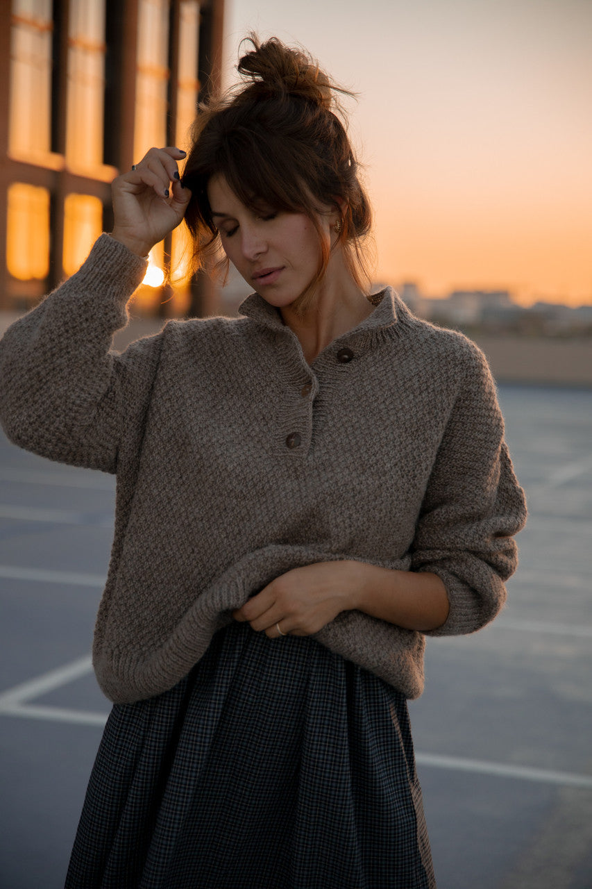 Imogene Oversized Wool Henley in Heather Beige Made to Order