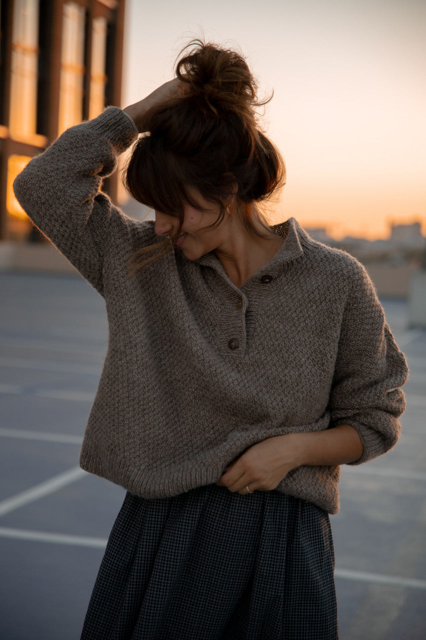Imogene Oversized Wool Henley in Heather Beige Made to Order