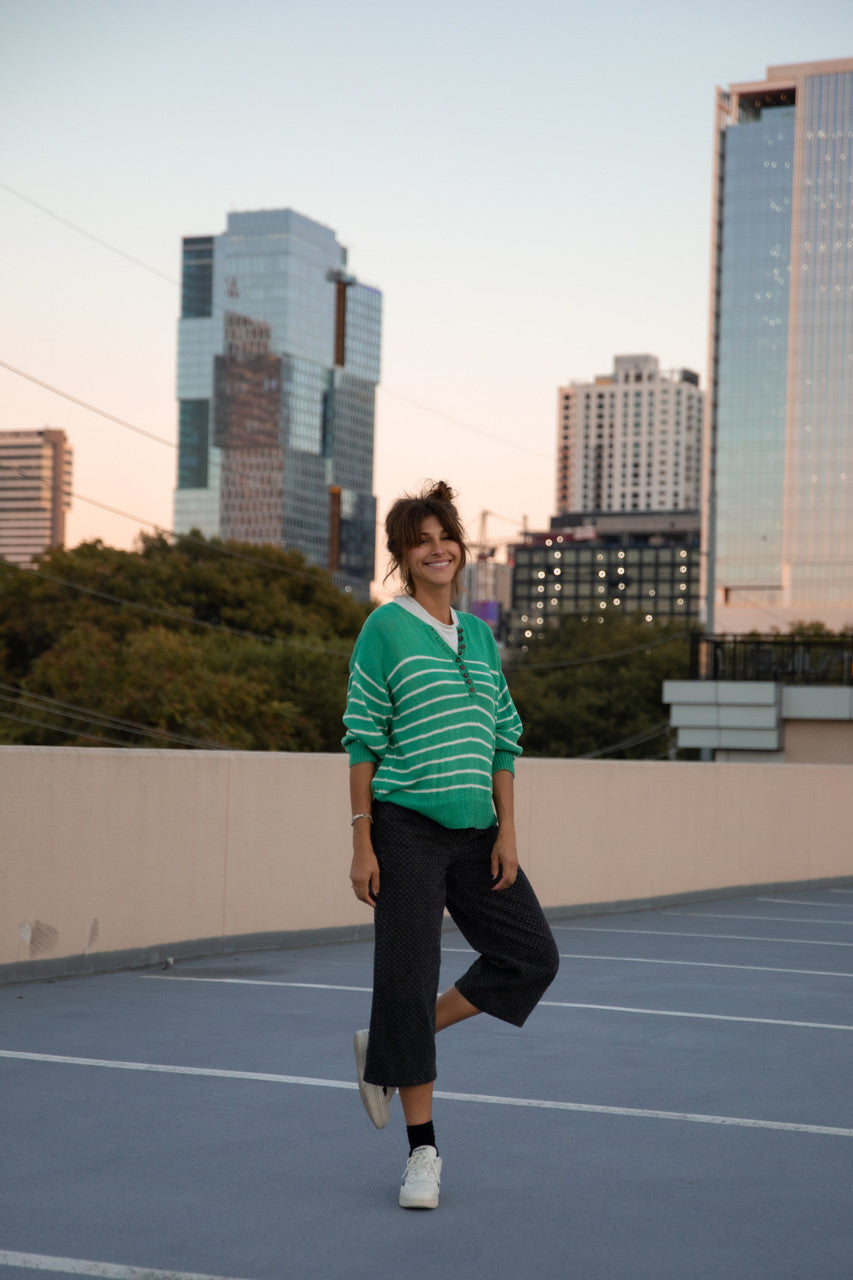 Aiden Classic Breton Style Henley in Green and White Stripe Made to Order
