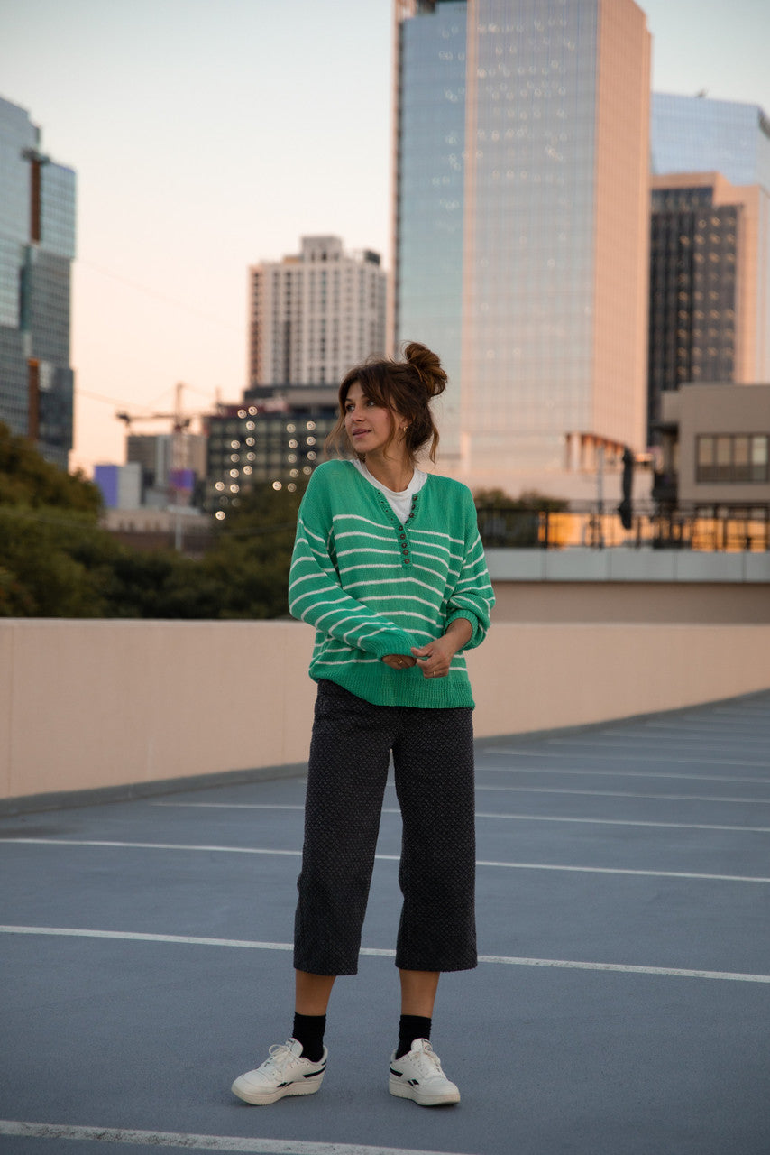 Aiden Classic Breton Style Henley in Green and White Stripe Made to Order