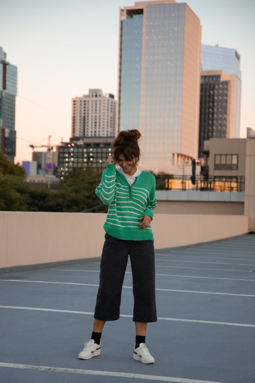 Aiden Classic Breton Style Henley in Green and White Stripe Made to Order