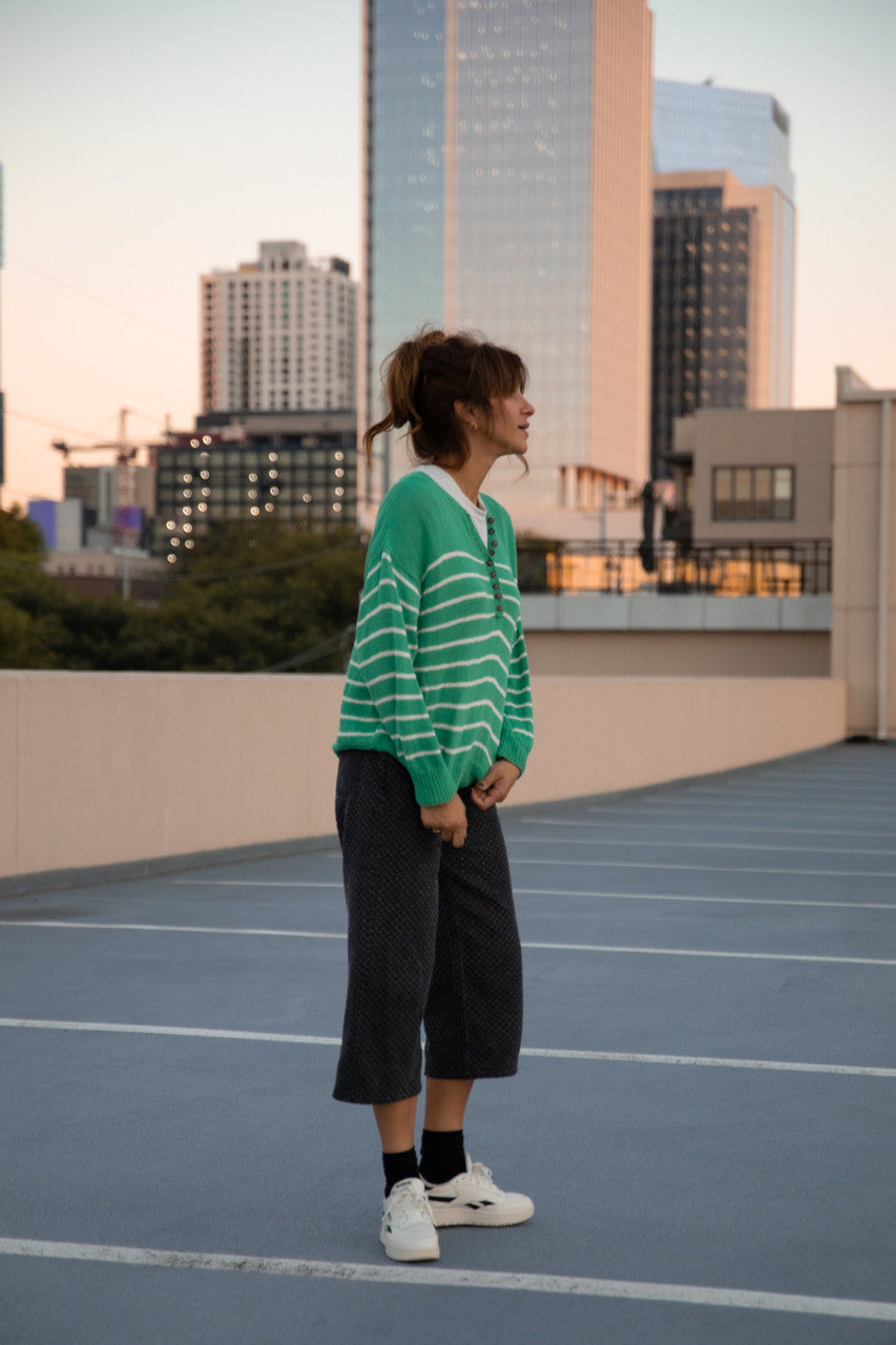 Aiden Classic Breton Style Henley in Green and White Stripe Made to Order