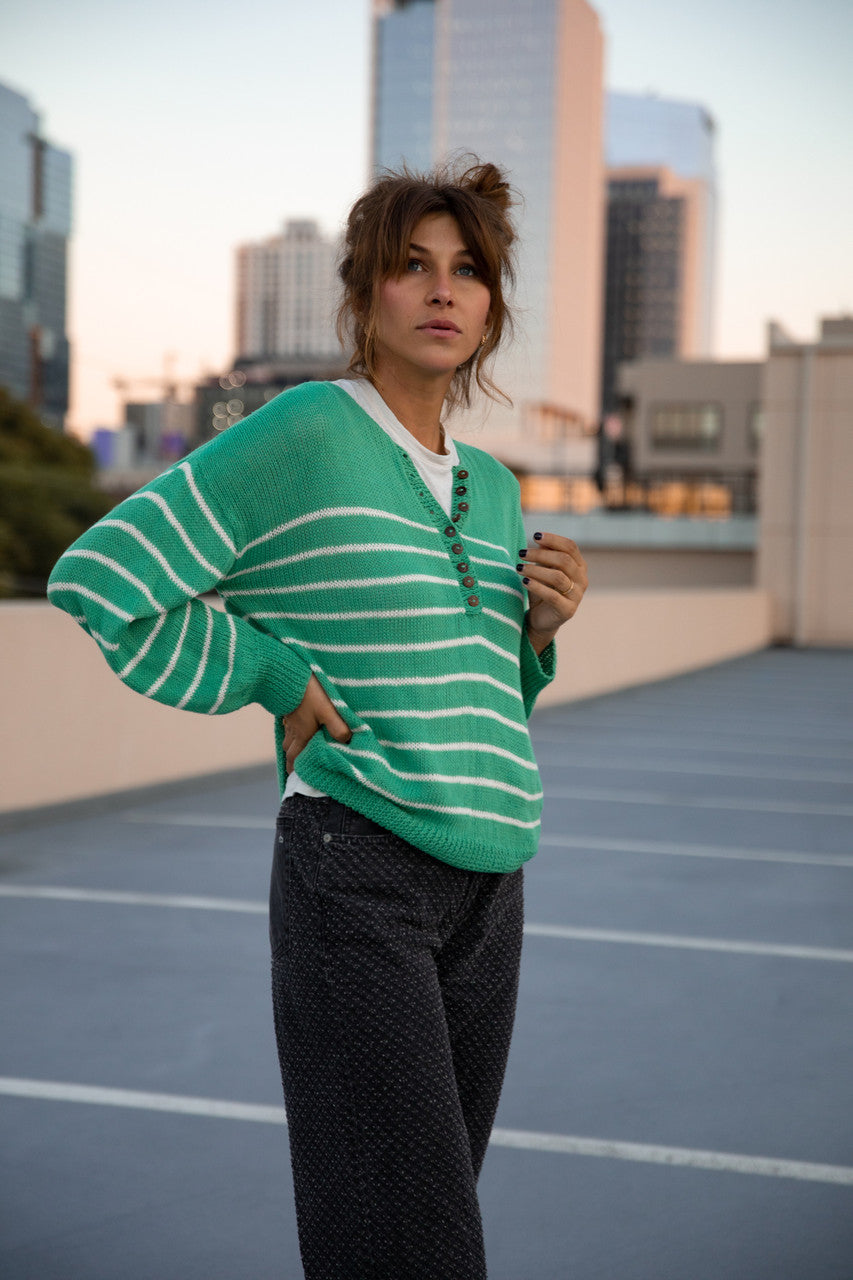 Aiden Classic Breton Style Henley in Green and White Stripe Made to Order