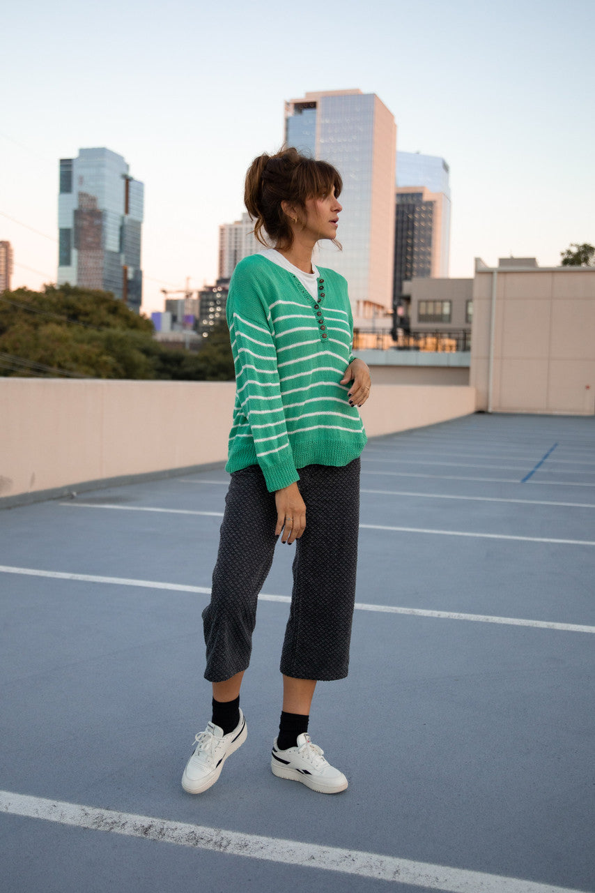 Aiden Classic Breton Style Henley in Green and White Stripe Made to Order