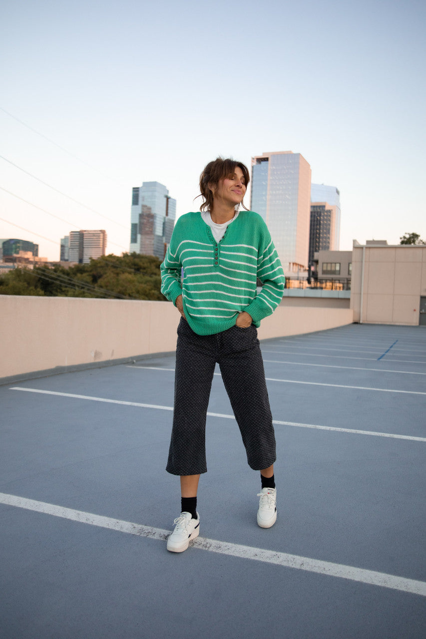 Aiden Classic Breton Style Henley in Green and White Stripe Made to Order